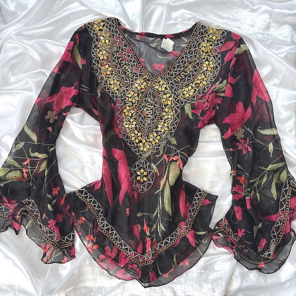 Neeru Expo Sheer Floral Beaded Sequin Blouse Black Pink Bell Sleeve Top OS